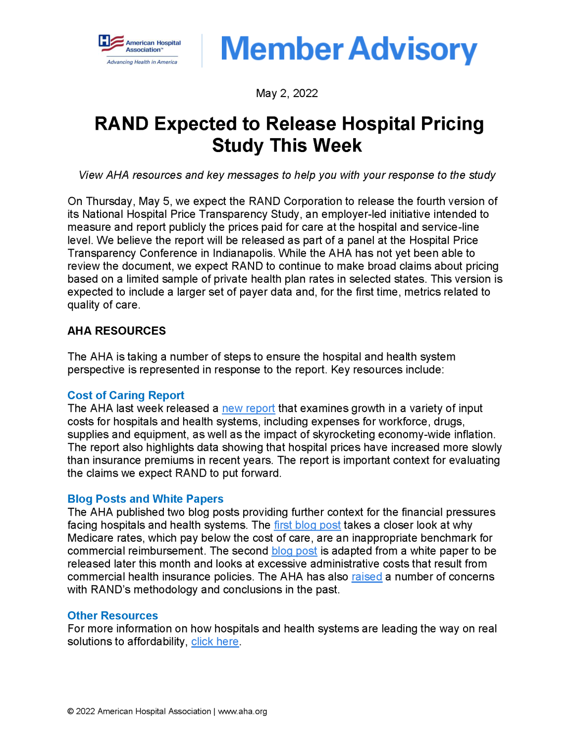 Member Advisory: RAND Expected to Release Hospital Pricing Study This Week page 1.