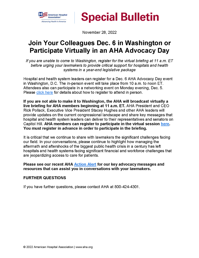 Special Bulletin: Join Your Colleagues Dec. 6 in Washington or Participate Virtually in an AHA Advocacy Day.