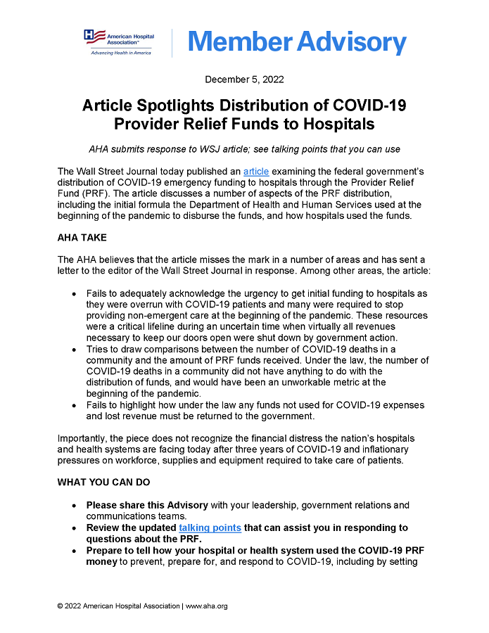 Member Advisory: Article Spotlights Distribution of COVID-19 Provider Relief Funds to Hospitals page 1.