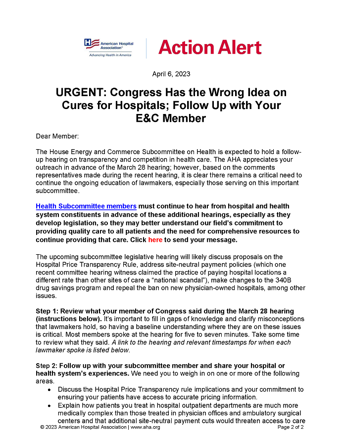 Action Alert URGENT: Congress Has the Wrong Idea on Cures for Hospitals; Follow Up with Your E&C Member