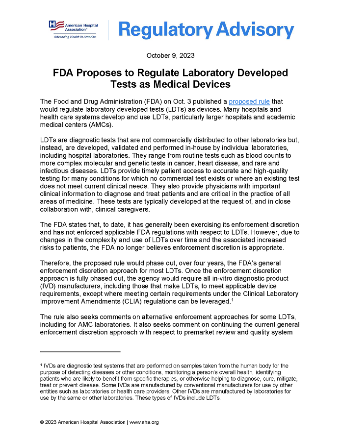 FDA Proposes to Regulate Laboratory Developed Tests as Medical Devices page 1.