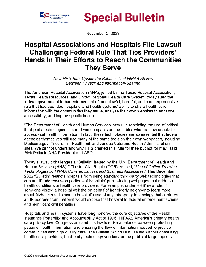 Special Bulletin: Hospital Associations and Hospitals File Lawsuit Challenging Federal Rule That Ties Providers’ Hands In Their Efforts to Reach the Communities They Serve page 1.