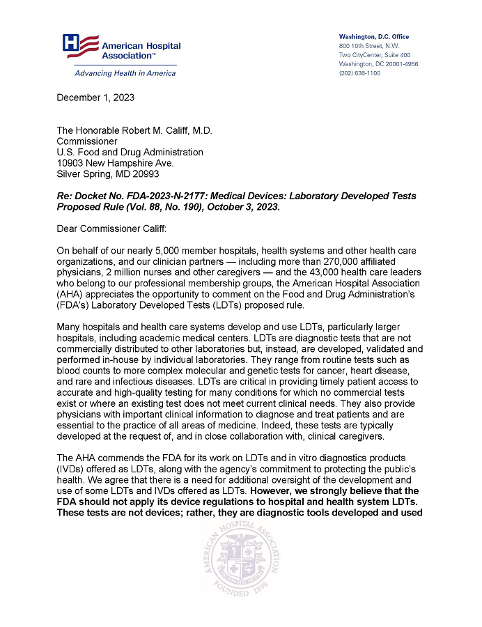 AHA Letter to the FDA on Laboratory Developed Tests (LDTs) Proposed Rule page 1.
