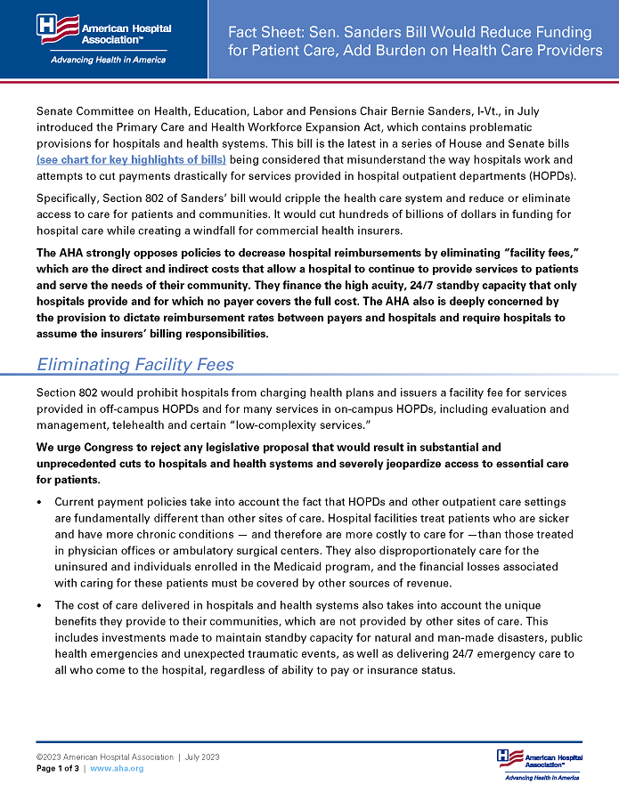 Fact Sheet: Sen. Sanders Bill Would Reduce Funding for Patient Care, Add Burden on Health Care Providers page 1.