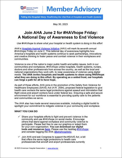 Cover Member Advisory: Join AHA June 2 for #HAVhope Friday: A National Day of Awareness to End Violence