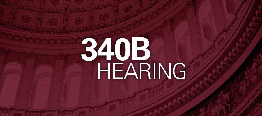 Red background with white text that says "340B Hearing"