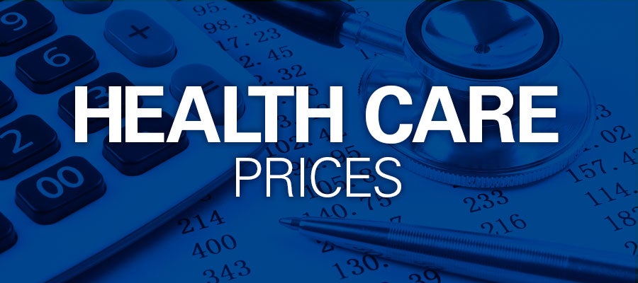 blue background with white text that says "Health Care Prices"