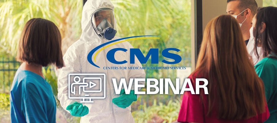 Group of people including someone in a hazmat suit with the CMS logo and the word 'webinar'