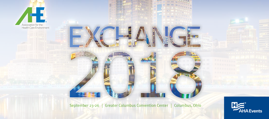AHE logo with Exchange 2018 spelled out against backdrop of city