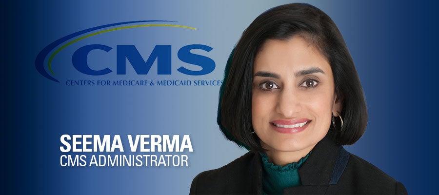 Seema Verma headshot next to CMS logo and her title