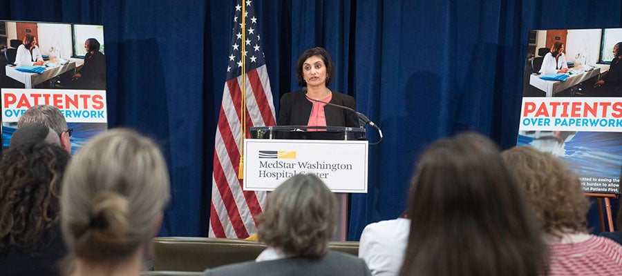 Seema Verma standing at podium at Medstar event