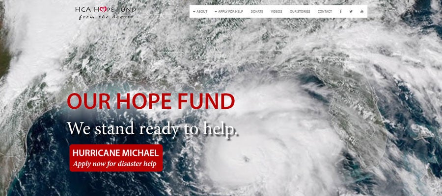 Picture of Hurricane with red text - HCA Healthcare donates $1 million to Hurricane Michael relief