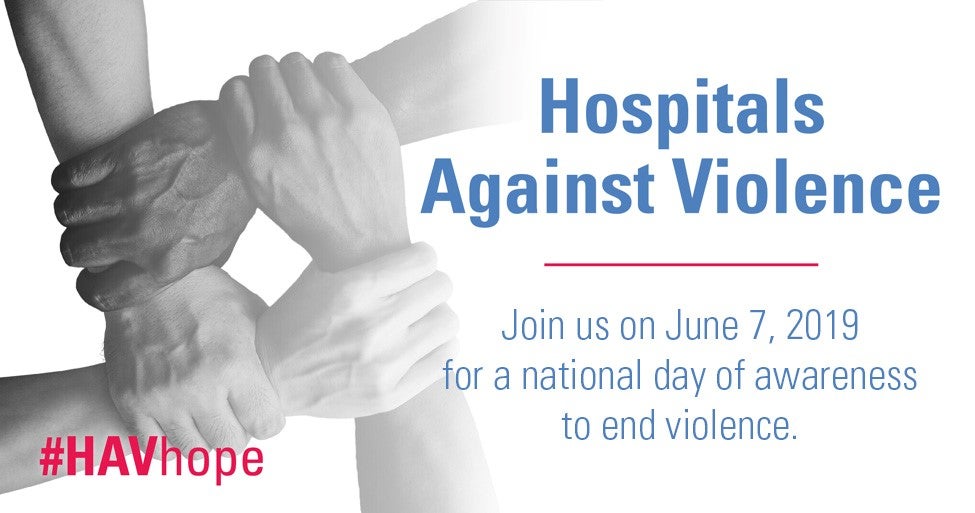 hospitals against violence promo with hands cluctching writsts