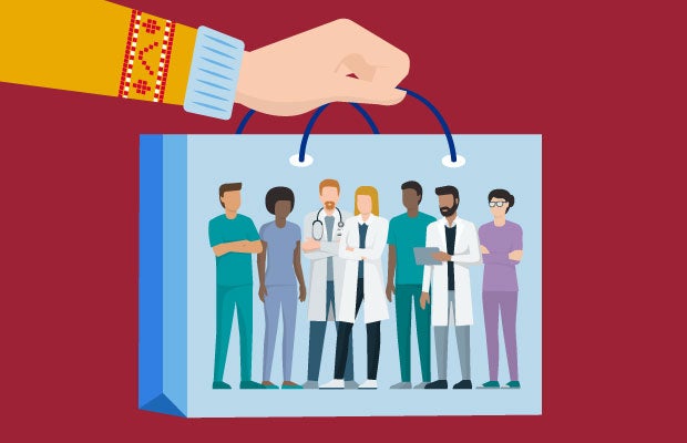 What Will It Take to Win the Consumerism Challenge? Consumer holding bag with clinicians standing in it
