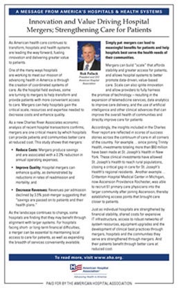 Innovation and Value Driving Hospital Mergers; Strengthening Care for Patients OpEd.