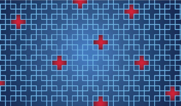AHA Market Scan Removing Health Care Inefficiencies One Link at a Time. Blue background with line pattern in which some areas have ed crosses highlighted.