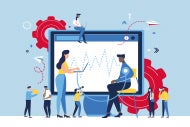 AHA Market Scan AHA Digital Pulse Pilot Will Help Hospitals Benchmark Performance. Image of figures using technology to assess the health of a person.