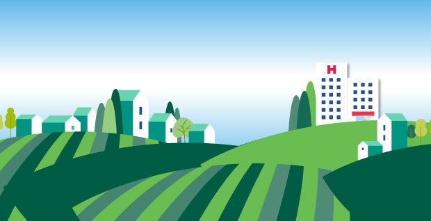 Rural Health banner showing rural farmland, homes, and a hospital.