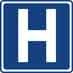 H Hospital Logo. White letter H on a blue background.