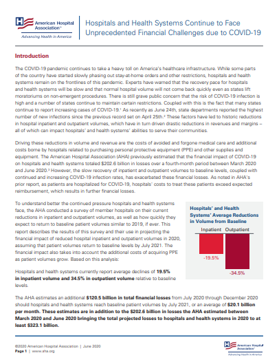 Hospitals and Health Systems Continue to Face Unprecedented Financial Challenges due to COVID-19 report first page