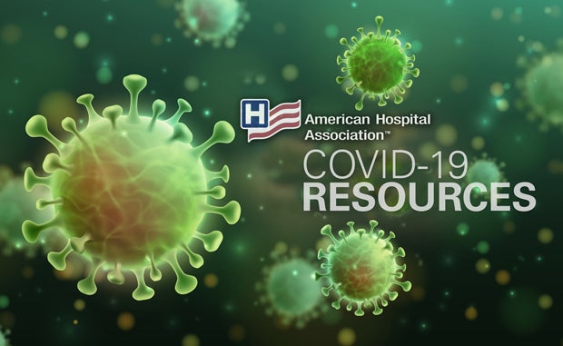 AHA Market Scan July 7, 2020, Edition Top Resources for Confronting Coronavirus. American Hospital Association logo over an image of coronavirus cells with the head COVID-19 Resources.