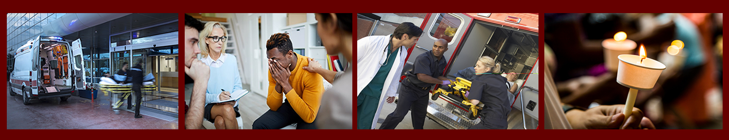 Supporting Victims and Communities of Mass Violence Incidents. Paramedics taking a patient from an ambulance into the emergency department. Coworkers comfort a victim of violence. Paramedics remove a patient from an ambulance on the way into the emergency department. People hold burning candles as they participate in a vigil.