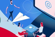 AHA’S Navigating a New Reality Conference Sessions Now Available On-Demand. A graphic of two women sitting at a table having coffee while a paper plane does a loop overhead and a bearded man in a blue shirt walks toward a large video screen with an @ character on it.