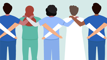 graphic depicting back of line of health workers clasping shoulders in team huddle