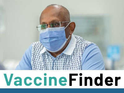 Vaccine Finder text over image of older man wearing mask