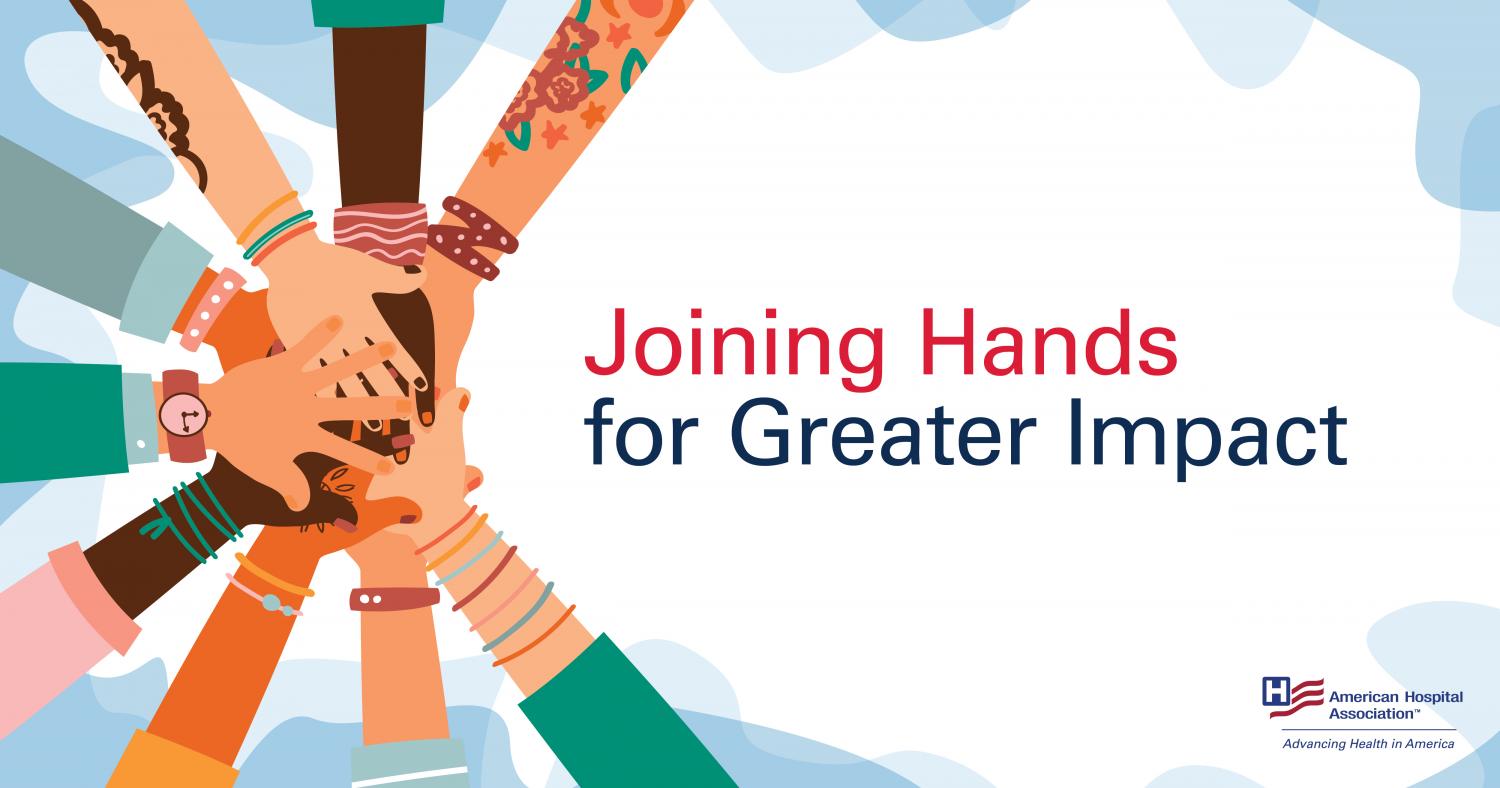 illustrated hands of multiple skin tones stacked on left side, text "Joining Hands for Greater Impact" on right