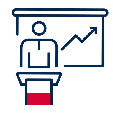 icon of person standing by podium demonstrating a chart that shows a positive correlation with the symbol of an inclining arrow