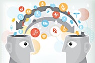 14 Health Systems Join Forces to Share and Analyze Patient Data to Improve Care. A graphic of two heads exchanging data through openings in the top of the heads.