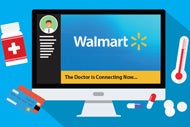 Walmart Expands Virtual Care Footprint by Acquiring MeMD. A graphic of a computer monitor surrounded by a pill bottle, a thermometer, prescription drugs, and credit cards. On the monitor there is a telehealth app running the shows the Walmart logo and the words "The Doctor is Connecting Now . . ."
