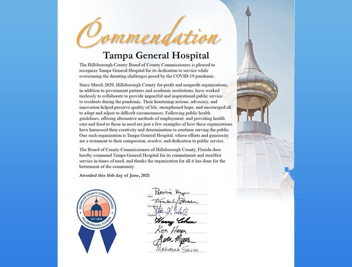 Tampa General Commendation Certificate from Hillsborough County Board of County Commissioners