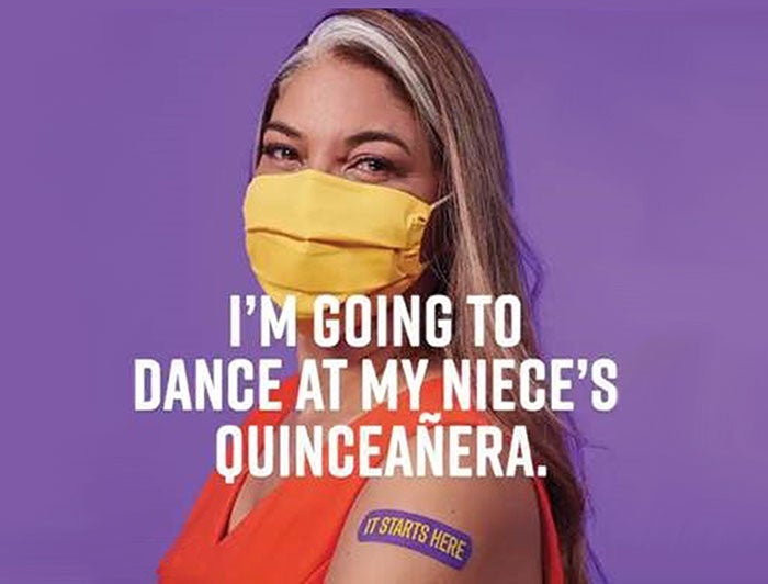 woman wears mask, with text over image: 'I'm going to dance at my niece's quinceneara'