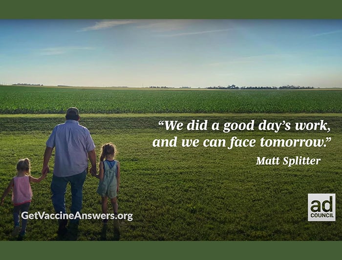 Ad Council ad shows a man and two children walking through farm field