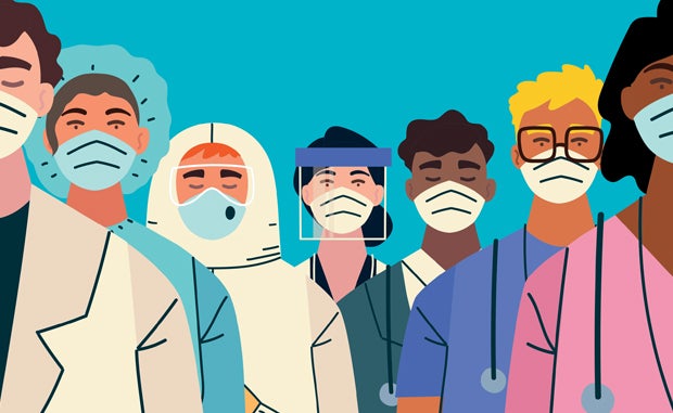 3 Workforce Strategy Imperatives. A diverse group of clinicians wearing masks and face shields.