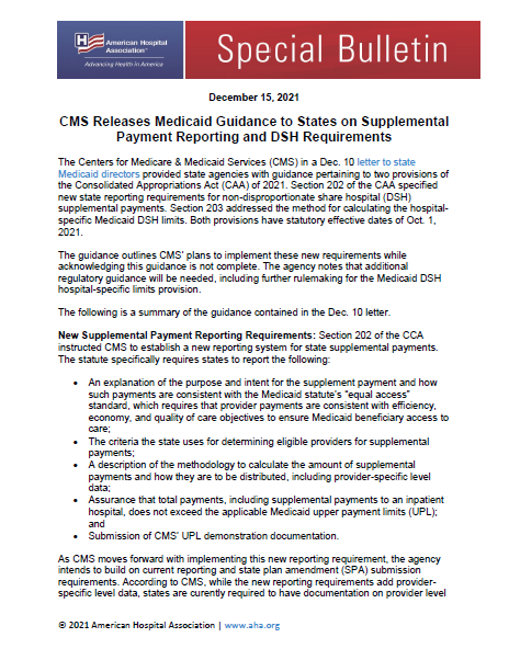 Special Bulletin: CMS Releases Medicaid Guidance to States on Supplemental Payment Reporting and DSH Requirements  page 1.
