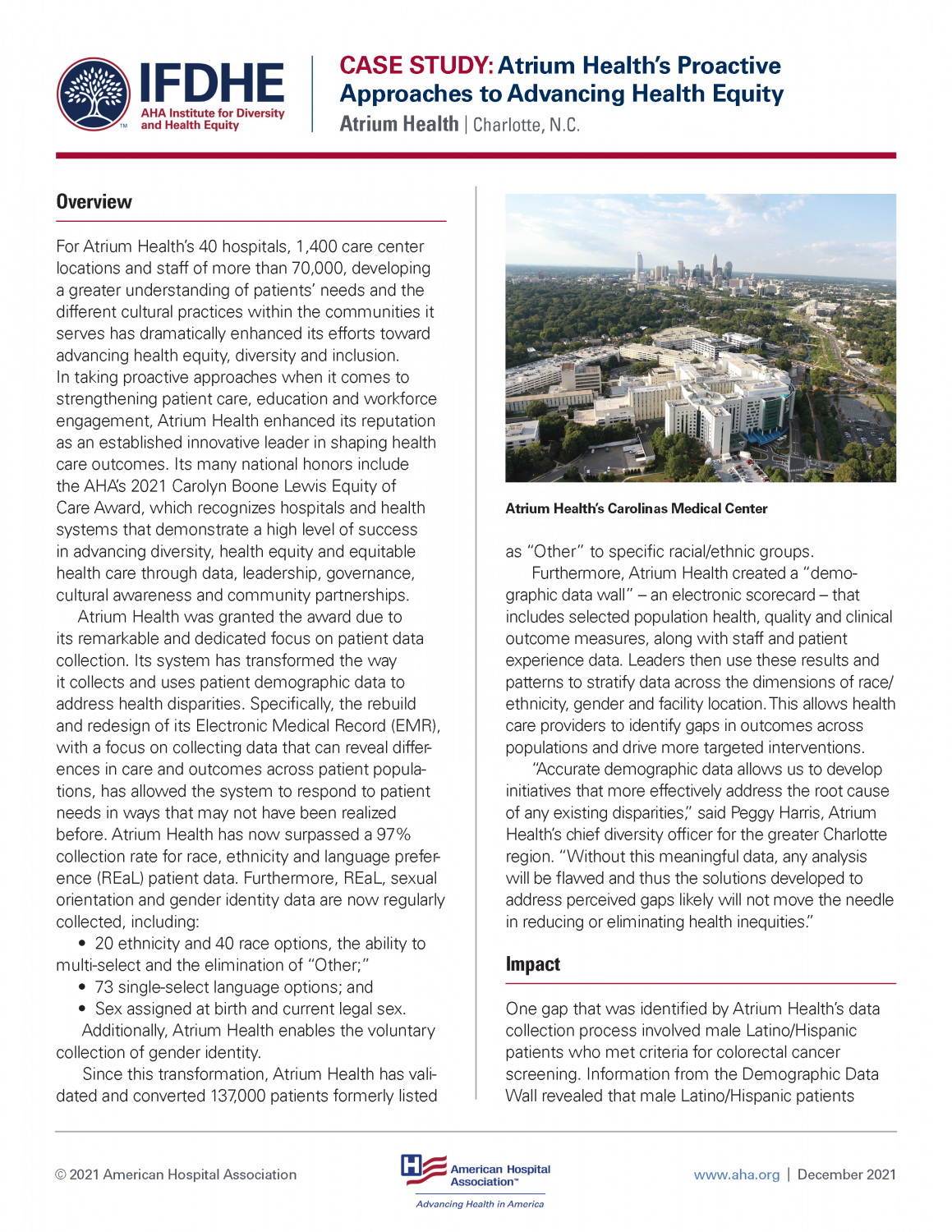 Page 1 of Case Study: Atrium Health’s Proactive Approaches to Advancing Health Equity| Charlotte, N.C.