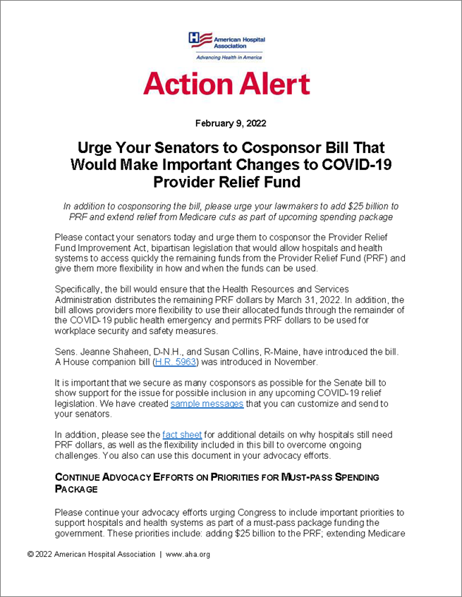 Urge Your Senators to Cosponsor Bill That Would Make Important Changes to COVID-19 Provider Relief Fund