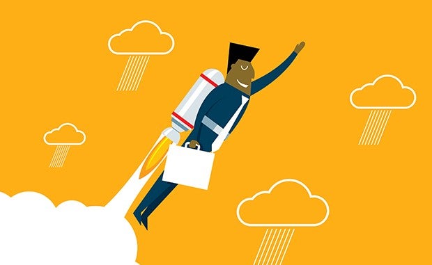 AHA Makes Second Round of Investments in Health-Equity Startup Funds. A black businessman holding a briefcase with a rocket pack on his back flies up in the air amid some clouds.