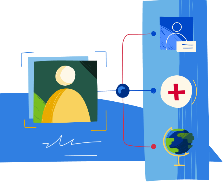 Person-Centered Care icon. A photo of a patient connected to a personal profile, medical records, and the world wide web.