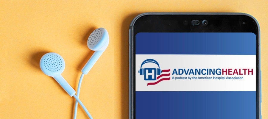 Advancing Health Podcast Series logo on a mobile phone with earbuds next to the phone.