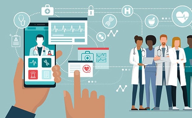 NexHealth Secures $125 Million for Patient-Engagement Platform. A person used a telehealth app while a group of clinicians stands in the background.