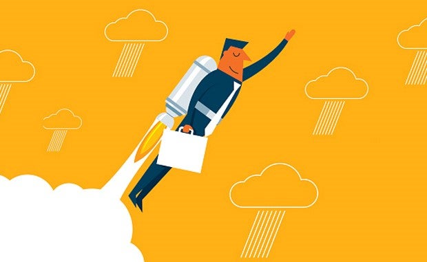 Top 4 Critical Innovation Strategies. A business man in a suit, carrying a briefcase, and wearing a rocket backpack flies up through a sky with clouds.