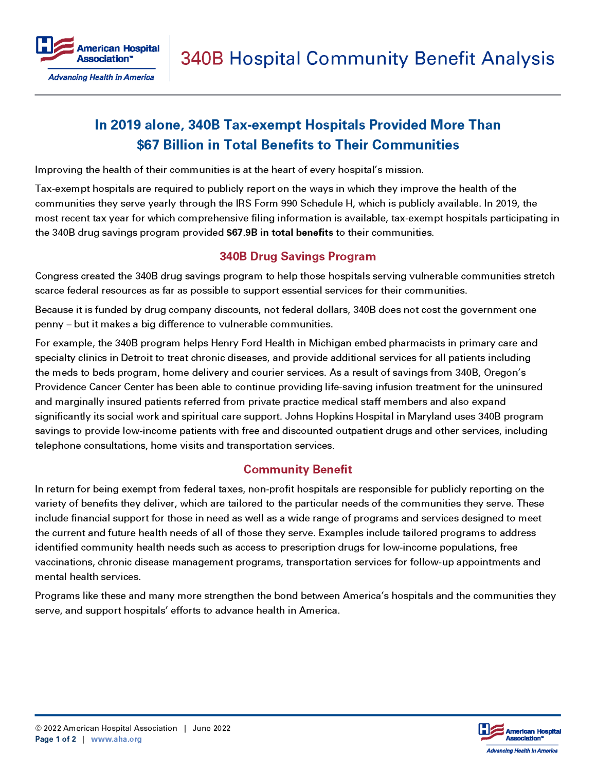 First page of 340B Hospital Community Benefit Analysis 