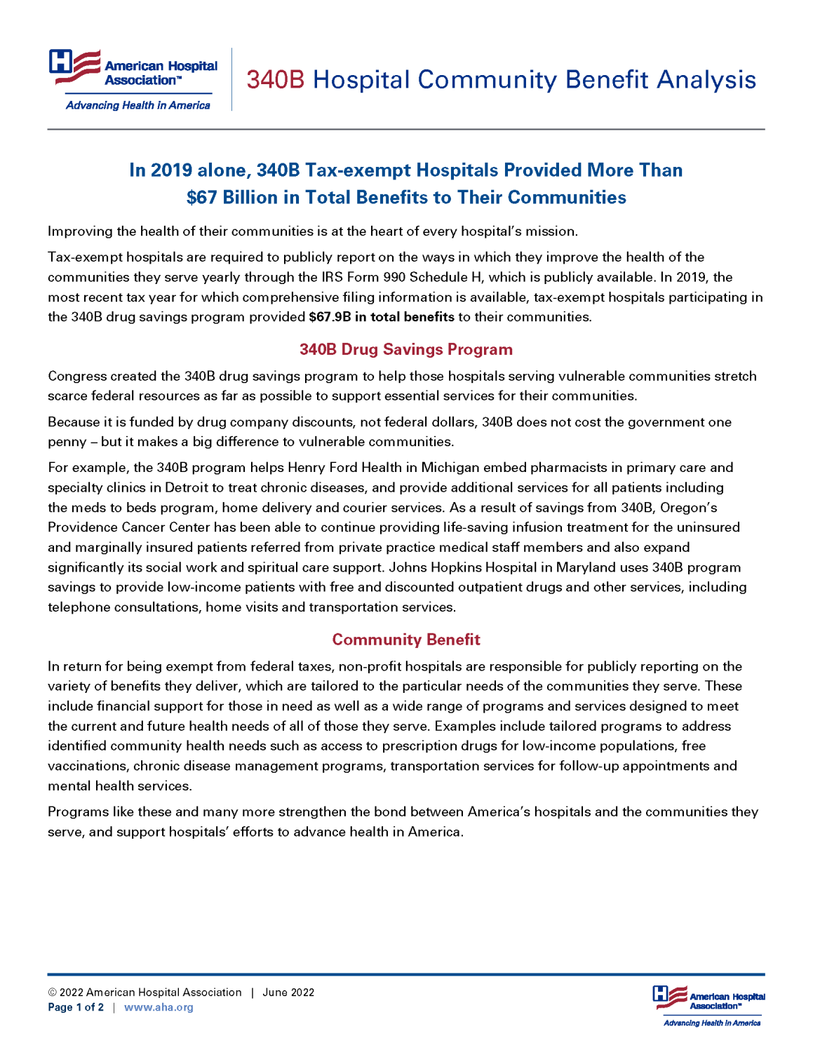 First page of 340B Hospital Community Benefit Analysis