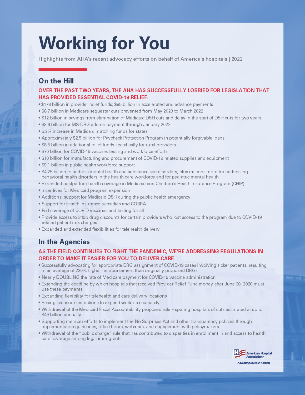 Working for You in Washington. Highlights from AHA’s recent advocacy efforts on behalf of America’s hospitals. June 2022.