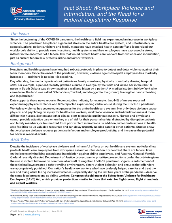 Image Fact Sheet: Workplace Violence and Intimidation, and the Need for a Federal Legislative Response.