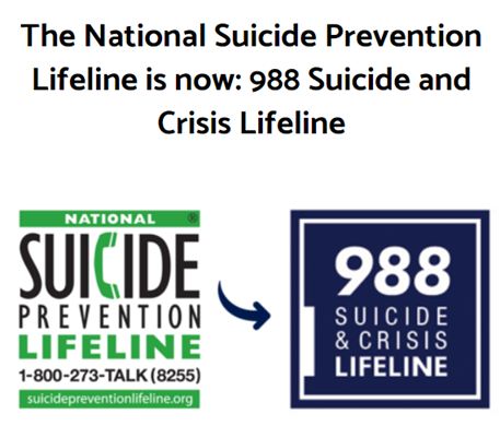 The National Suicide Prevention Lifeline is now: 988 Suicide and Crisis Lifeline logo.